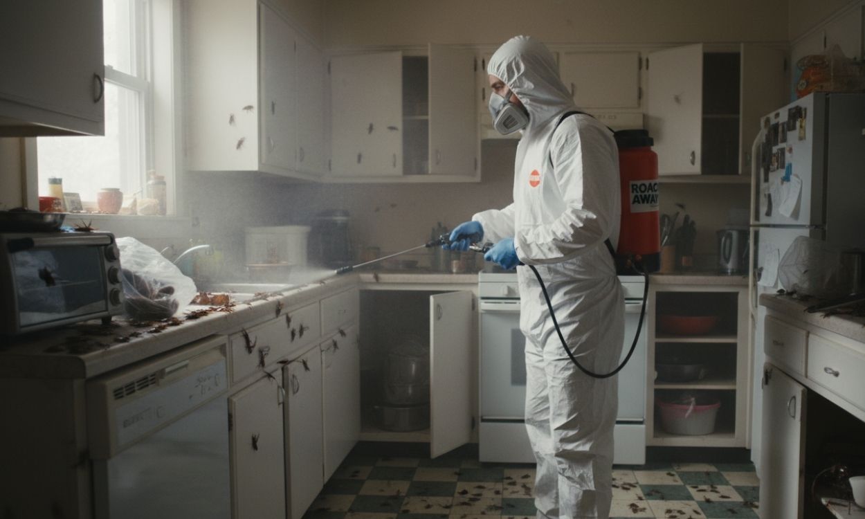 Aplicación de tratamiento contra cucarachas en una cocina
