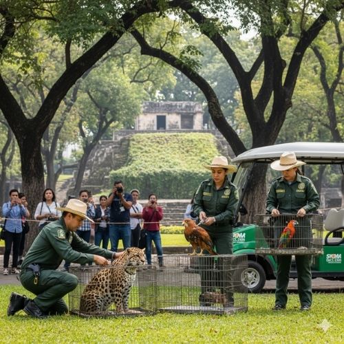 Escena de manejo de fauna en un espacio abierto